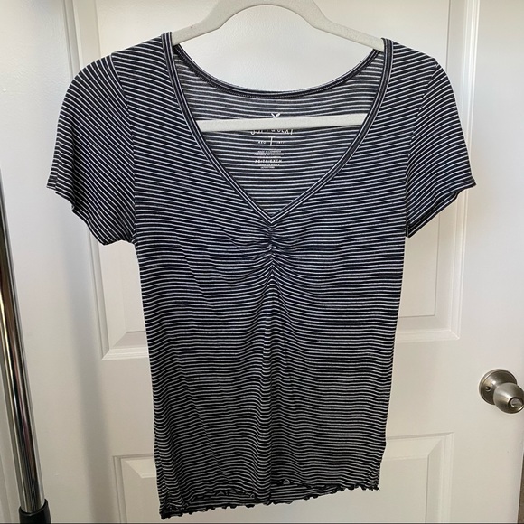 American Eagle Black and White Stripe Tee - Picture 1 of 4